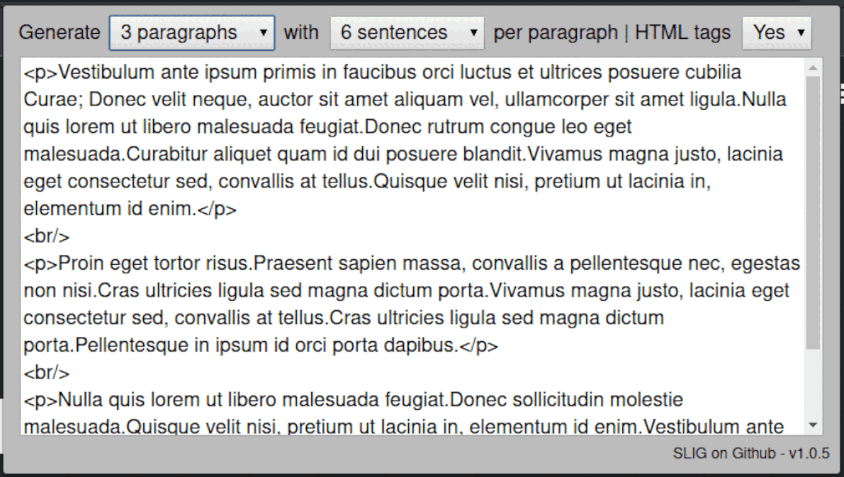 Le popup de Simple Lorem Ipsum Generator en juin 2018, version 1.0.5, avec les paragraphes générés entourés de balises p